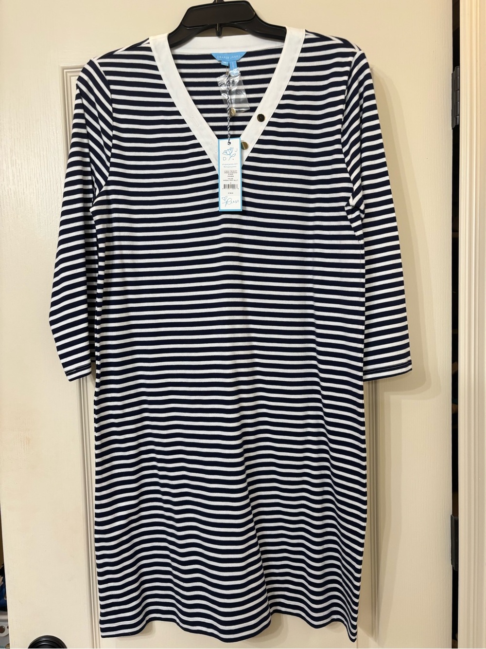 Draper James Navy and White Striped V-Neck Tee Dress